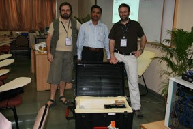 ARPL's Carlo Fonda and Marco Zennaro donating an early sample of the wireless training kit to Prof. Bharat Chaudhari of the Indian Institute of Information Technology in Pune, India. ARPL's Carlo Fonda and Marco Zennaro donating an early sample of the wireless training kit to Prof. Bharat Chaudhari of the Indian Institute of Information Technology in Pune, India.